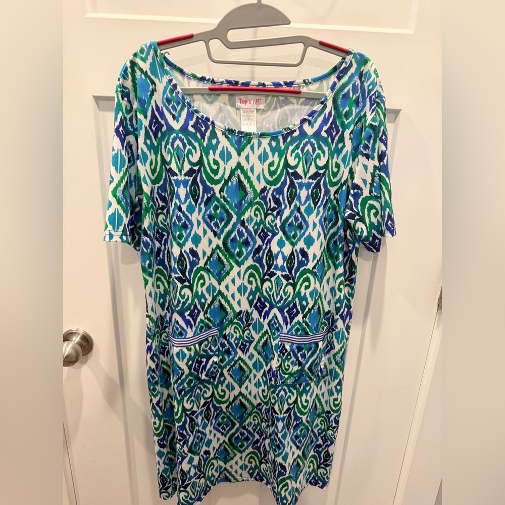 Top It Off Ikat Print Shift Dress Blue Green Pockets Large